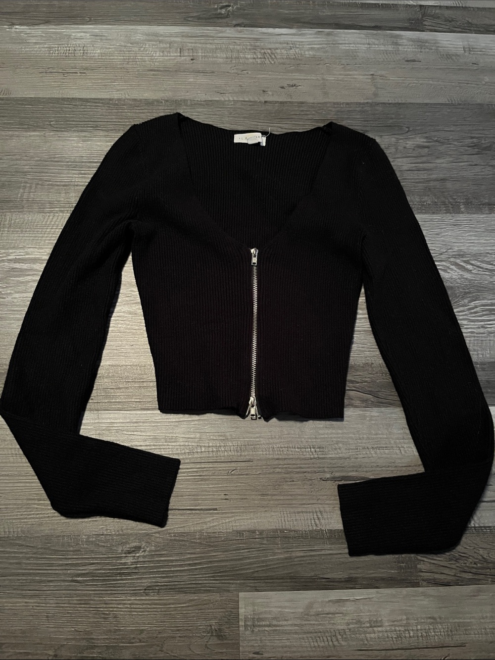 La Hearts Black Ribbed Zip-Front Long Sleeve Top